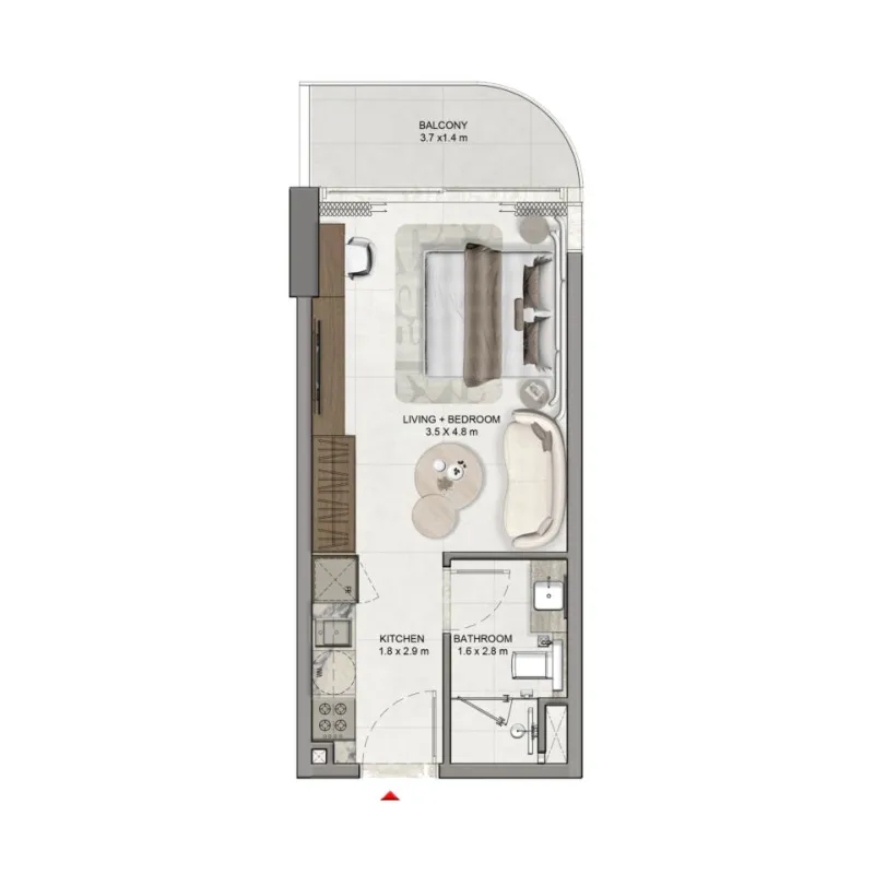 La Vera Creek Studio Apartments floor plan, 365 sqft, drawing published by Ahmadyar Developments