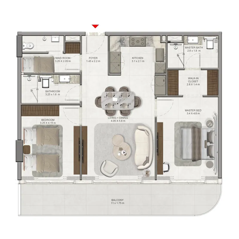 La Vera Creek 2 BR Apartments floor plan, 1,195 sqft, drawing published by Ahmadyar Developments