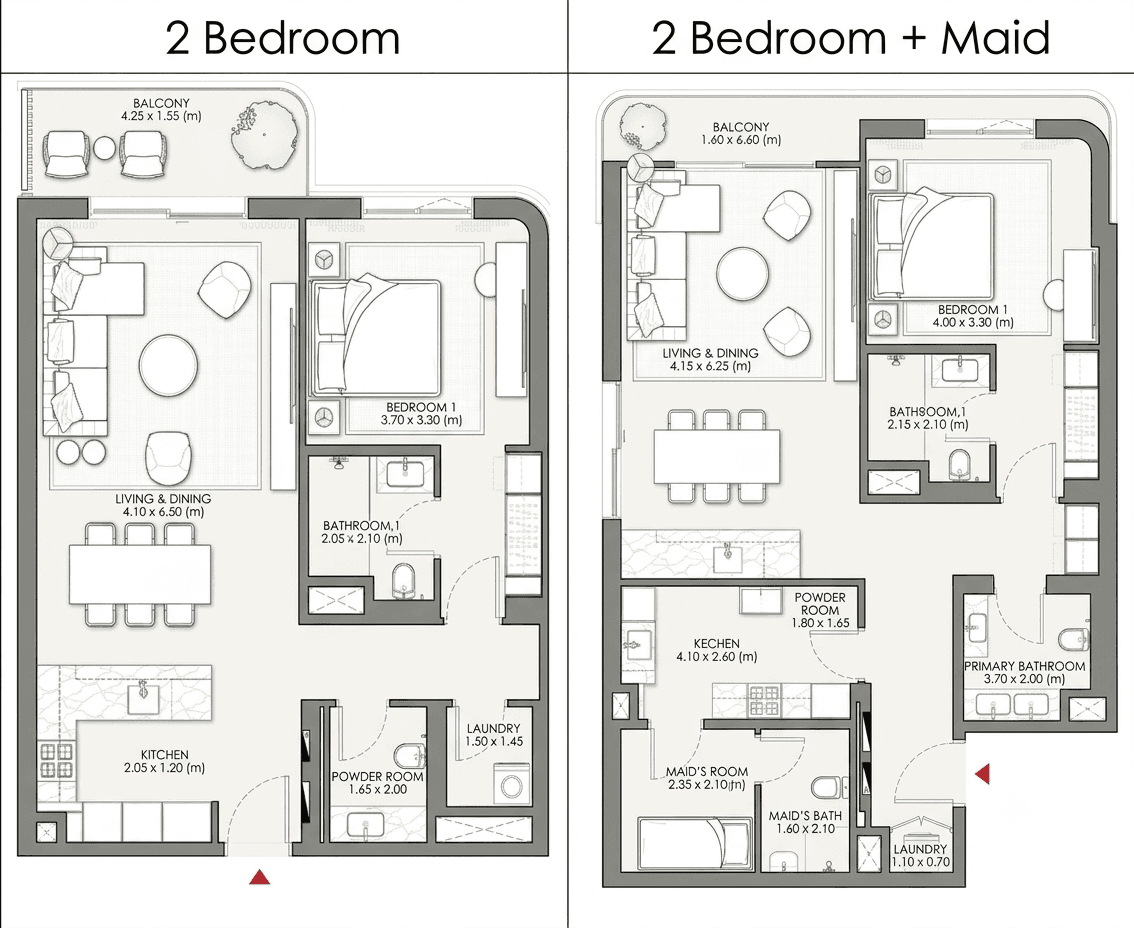Palm Central Private Residences Phase 2 2 BR Apartments floor plan, 1,216 sqft to 1,464 sqft, drawing published by Nakheel