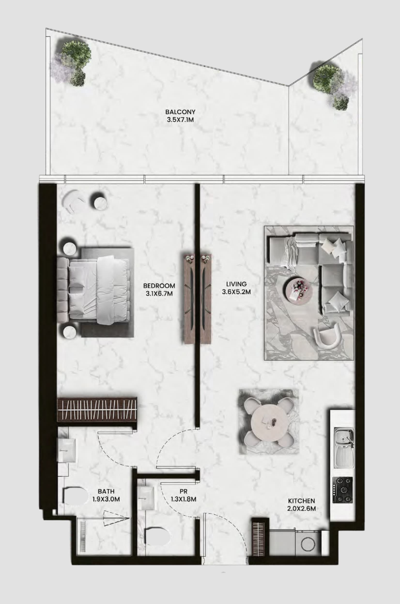 Karl Lagerfeld Beach Residences 1 BR Apartments floor plan, 872 sqft, drawing published by Aark Developers