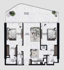Karl Lagerfeld Beach Residences 2 BR Apartments floor plan, 1,313 sqft, drawing published by Aark Developers