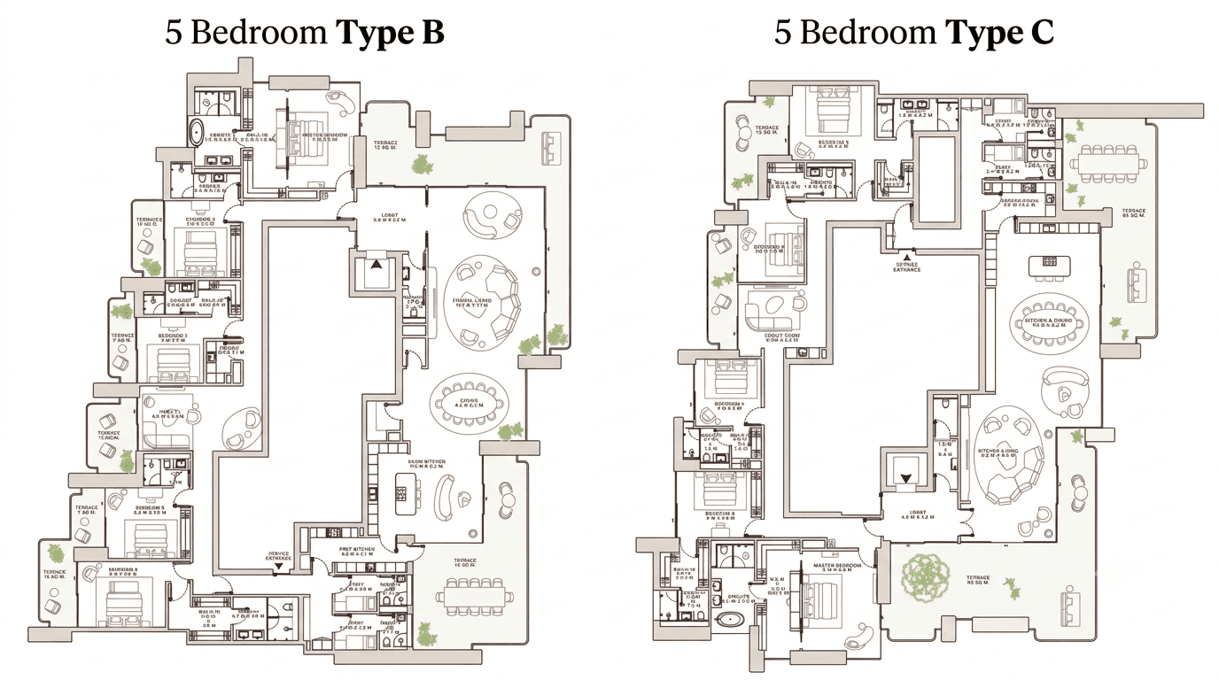 Solaya 7 5 BR Apartments floor plan, 7,363 sqft to 7,653 sqft, drawing published by Meraas