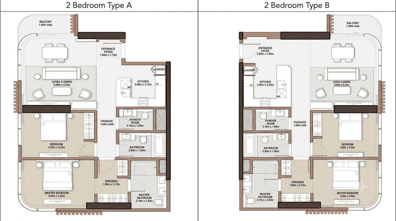 The Edit at d3 Tower C 2 BR Apartments floor plan, 1,270 sqft to 1,335 sqft, drawing published by Meraas