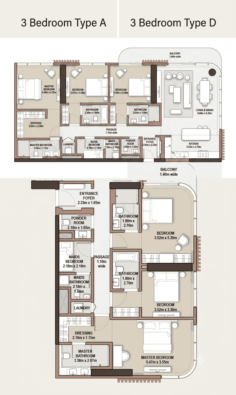 The Edit at d3 Tower C 3 BR Apartments floor plan, 2,153 sqft to 2,271 sqft, drawing published by Meraas