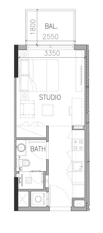 Aspin Grove Studio Apartments floor plan, 366 sqft, drawing published by AYS Developers