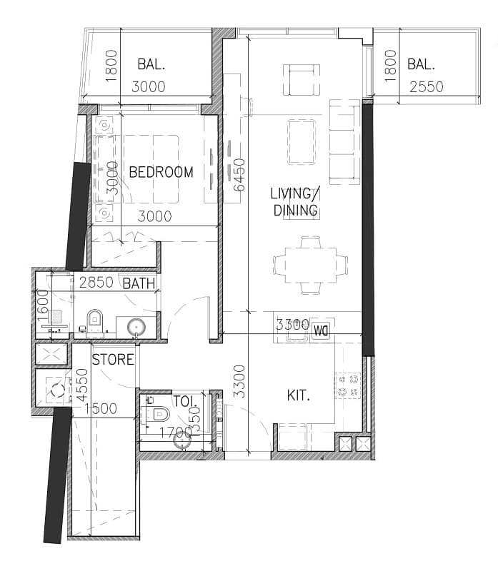 Aspin Grove 1 BR Apartments floor plan, 646 sqft, drawing published by AYS Developers