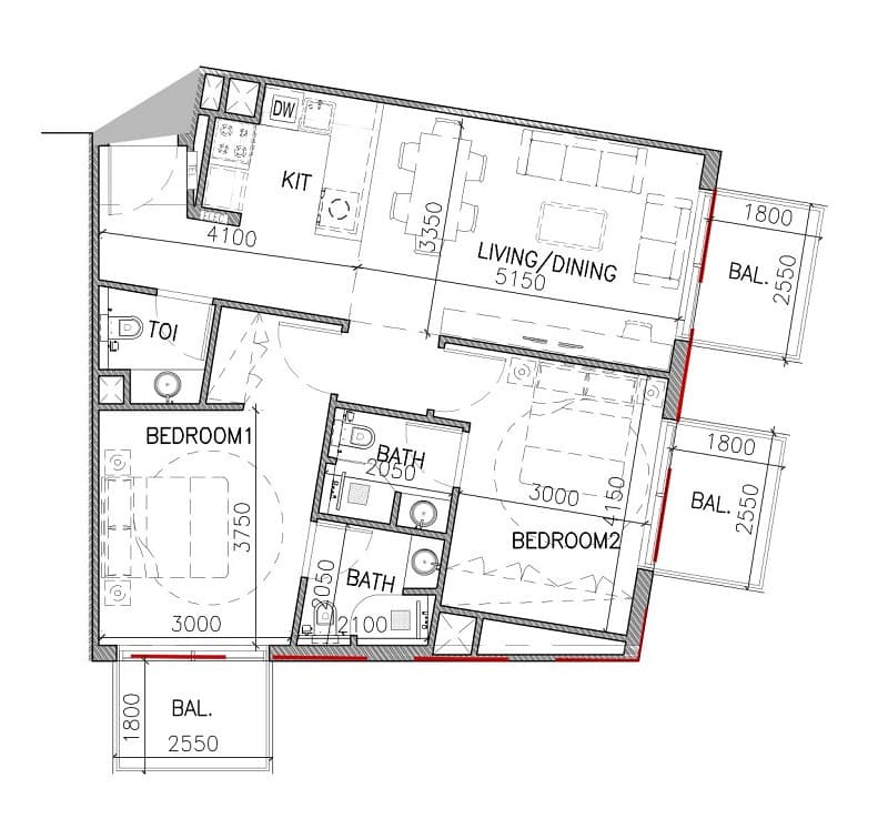Aspin Grove 2 BR Apartments floor plan, 980 sqft, drawing published by AYS Developers