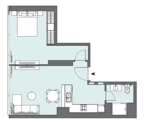 Peninsula Two 1 BR Apartments floor plan, 633 sqft, drawing published by Select Group
