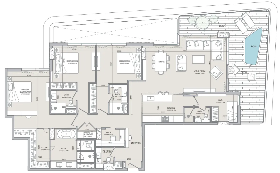 Isolana Residences 3 BR Apartments floor plan, 2,258 sqft to 2,366 sqft, drawing published by Hayaat Developments