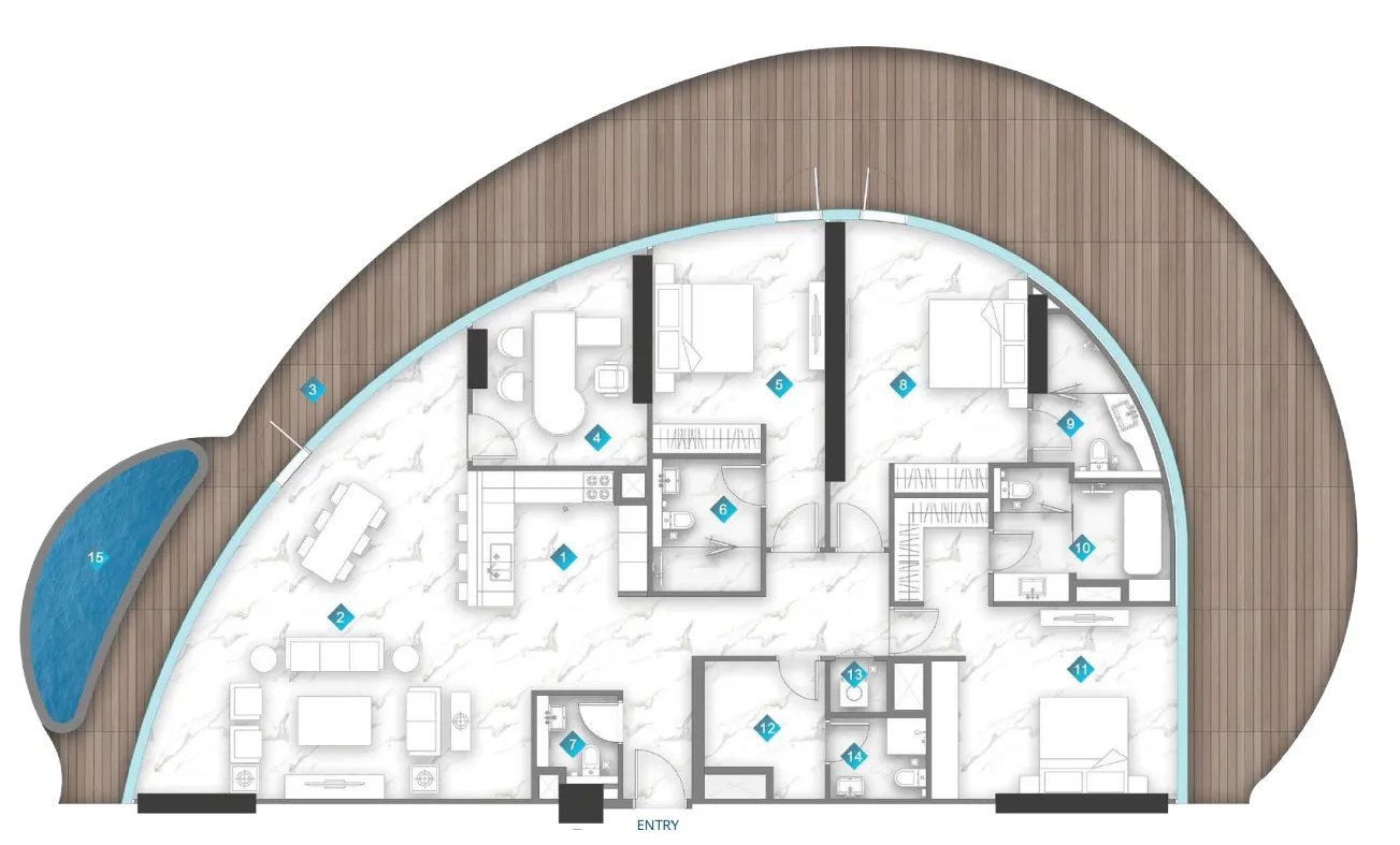 Aqua Arc 3 BR Apartments floor plan, 3,351 sqft to 4,589 sqft, drawing published by BNW Developments