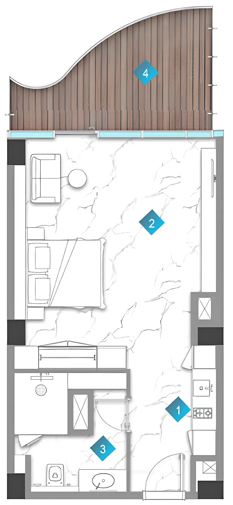 Aqua Arc Studio Apartments floor plan, 561 sqft to 721 sqft, drawing published by BNW Developments