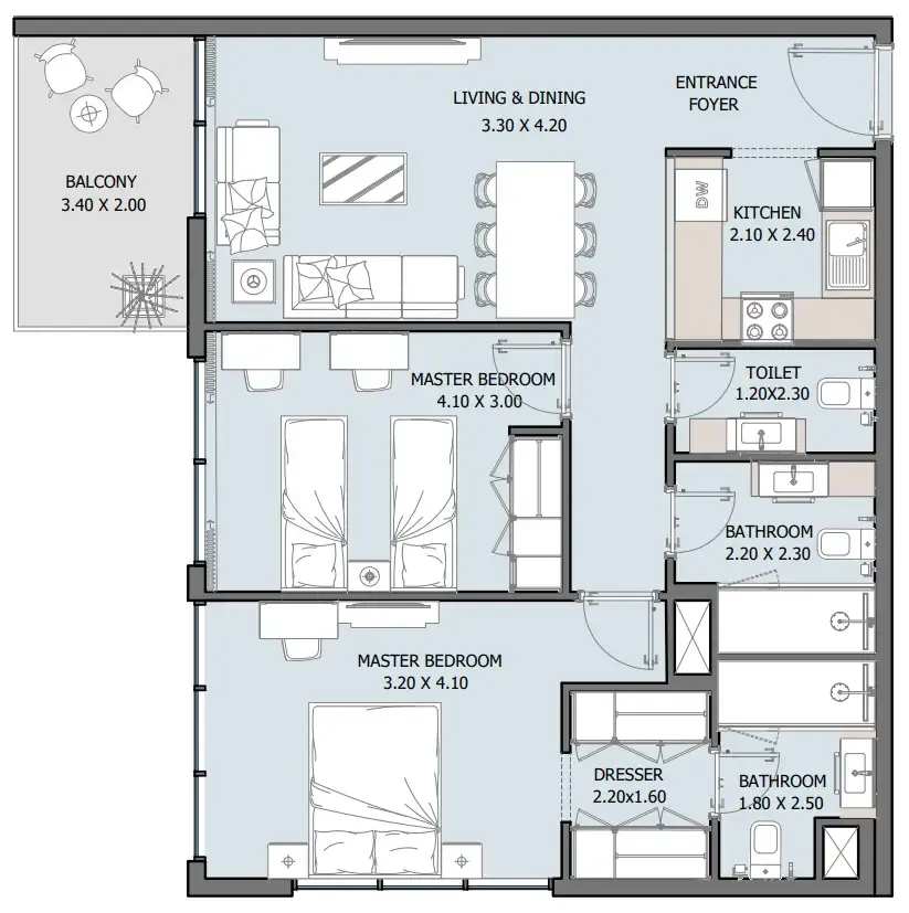 Oceana 2 BR Apartments floor plan, 930 sqft to 1,185 sqft, drawing published by Reportage