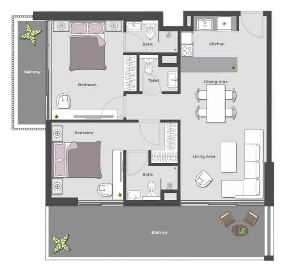 Arib Collection 2 BR Apartments floor plan, 1,347 sqft to 1,412 sqft, drawing published by ARIB Developments