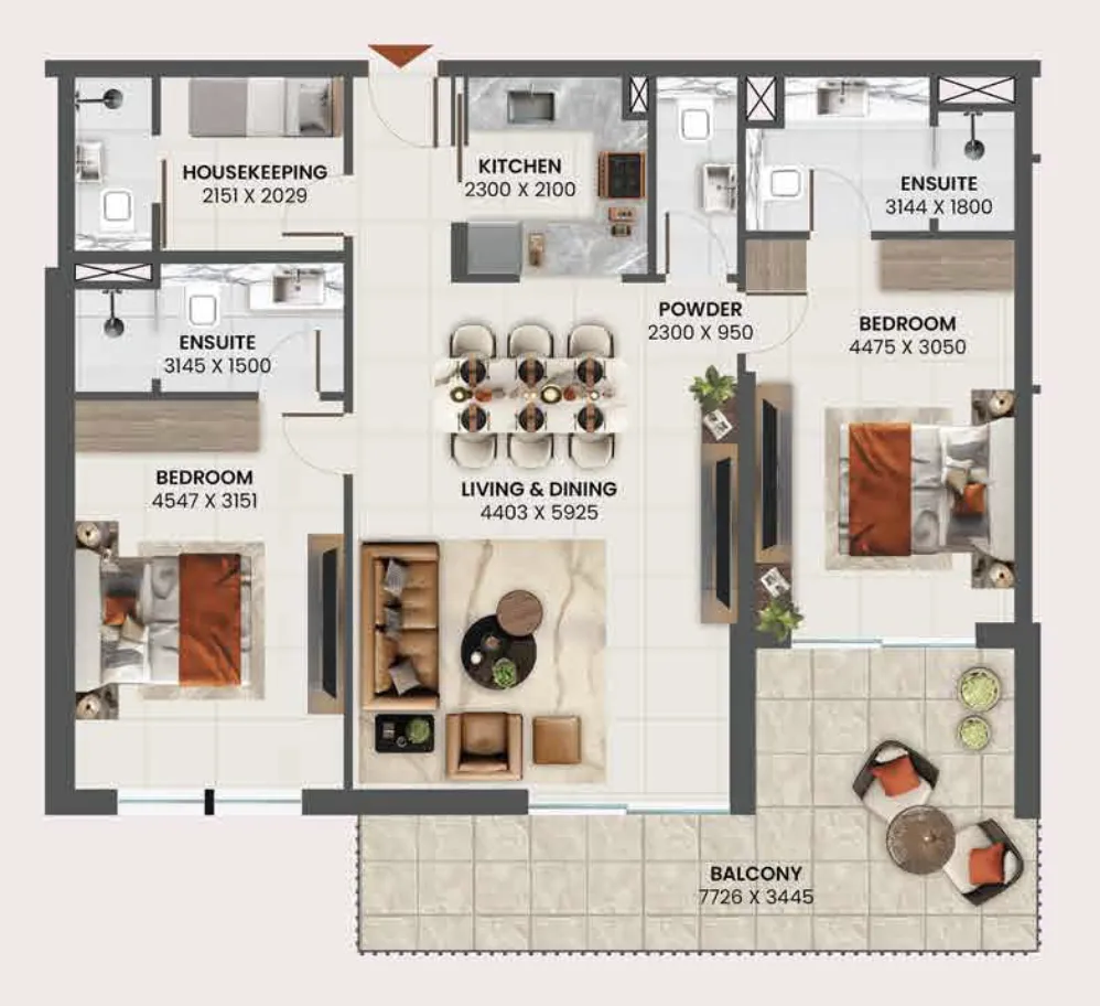 Sunvale 2.5 BR Apartments floor plan, 1,173 sqft, drawing published by PRYSM Real Estate Development