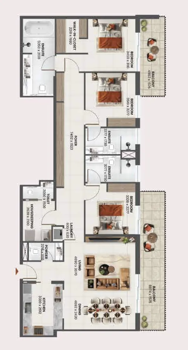 Sunvale 3.5 BR Apartments floor plan, 1,820 sqft to 2,196 sqft, drawing published by PRYSM Real Estate Development
