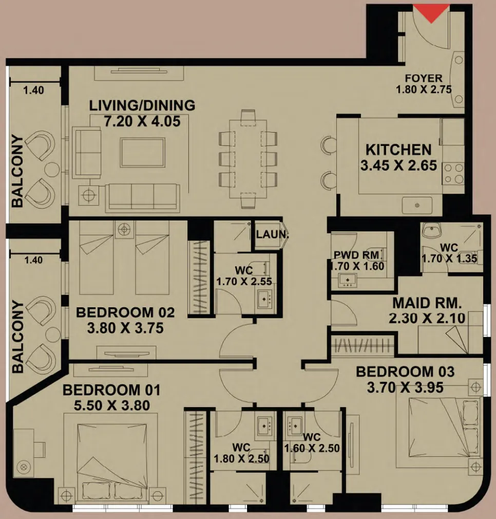 Timber Terrace 3 BR Apartments floor plan, 1,654 sqft, drawing published by Vakson First Property Development