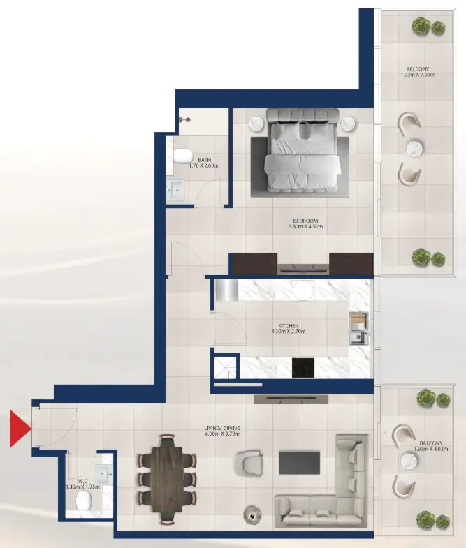 Al Vista 1 BR Apartments floor plan, 722 sqft to 1,103 sqft, drawing published by Dubai Investments