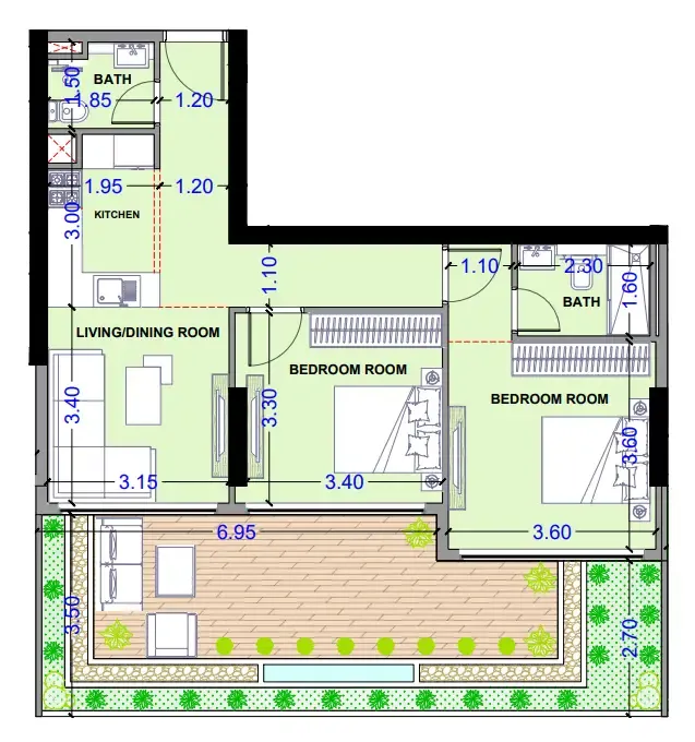 Celesto 3 1 BR Apartments floor plan, 525 sqft to 913 sqft, drawing published by Saeed Tarrad Real Estate Development
