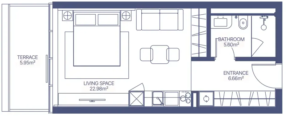 Gianfranco Ferre Residences Studio Apartments floor plan, 443 sqft to 452 sqft, drawing published by Mira Developments