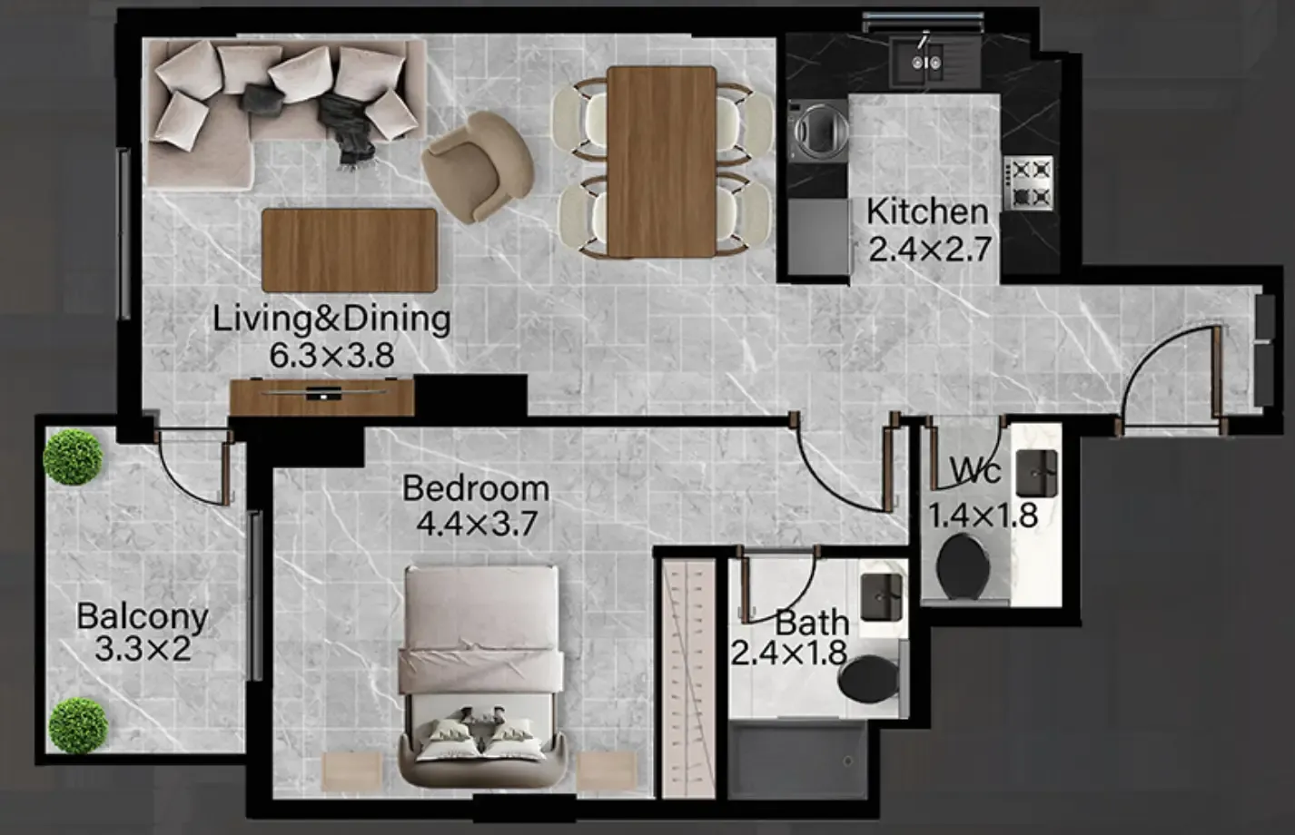 Rose Gardens 2 1 BR Apartments floor plan, 736 sqft to 1,224 sqft, drawing published by Roz Real Estate Development