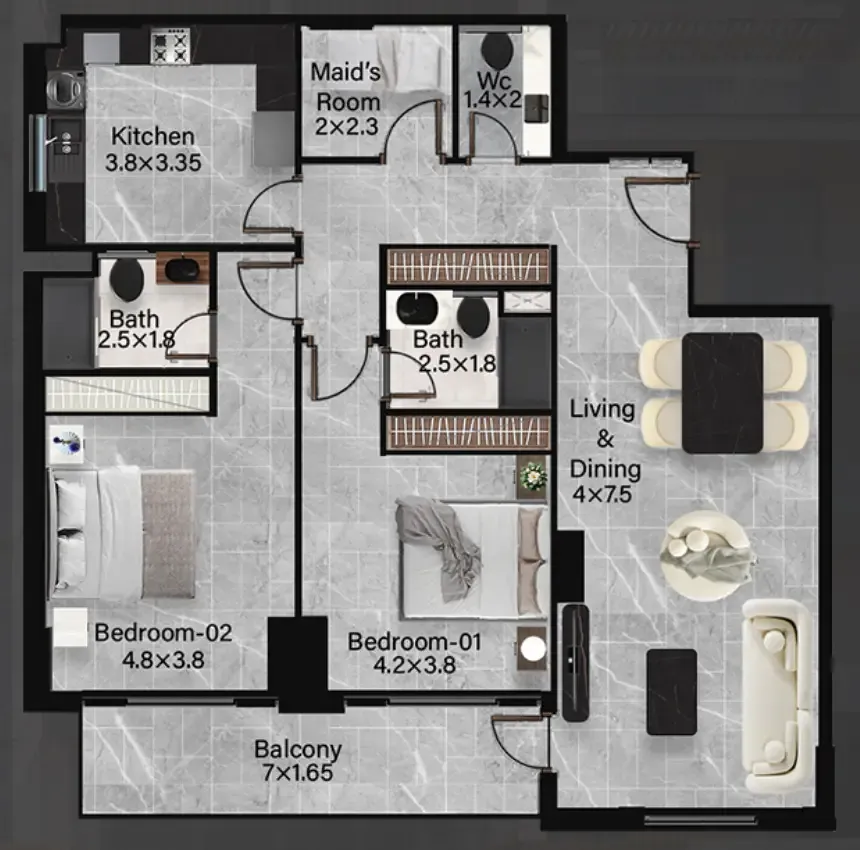 Rose Gardens 2 2.5 BR Apartments floor plan, 1,421 sqft to 2,585 sqft, drawing published by Roz Real Estate Development