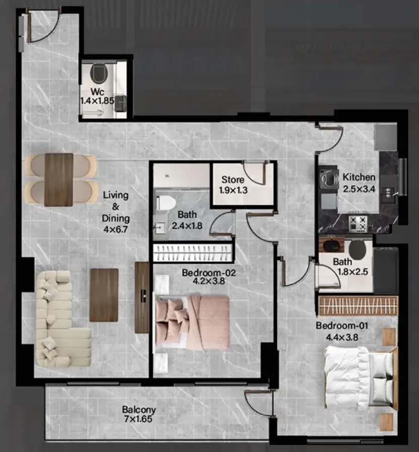 Rose Gardens 2 2 BR Apartments floor plan, 1,392 sqft to 2,047 sqft, drawing published by Roz Real Estate Development