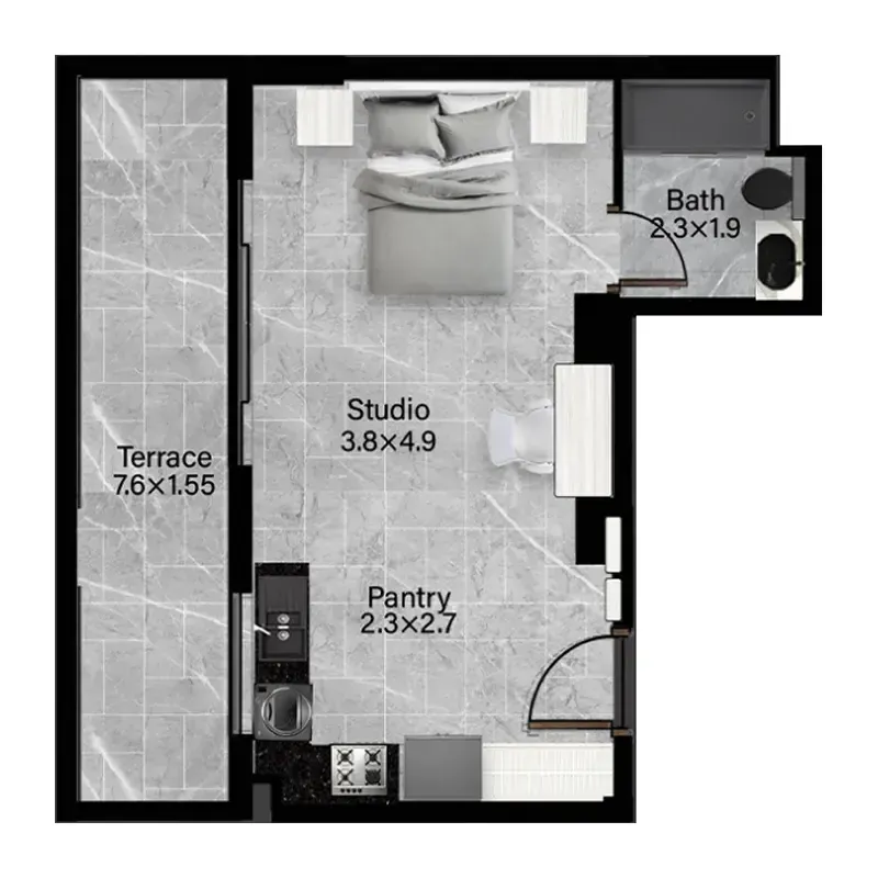 Rose Gardens 2 Studio Apartments floor plan, 529 sqft to 533 sqft, drawing published by Roz Real Estate Development
