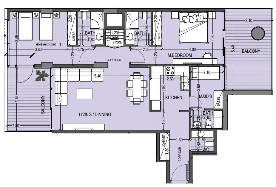 Celia Gardens 2 BR Apartments floor plan, 1,368 sqft to 1,485 sqft, drawing published by Abou Eid