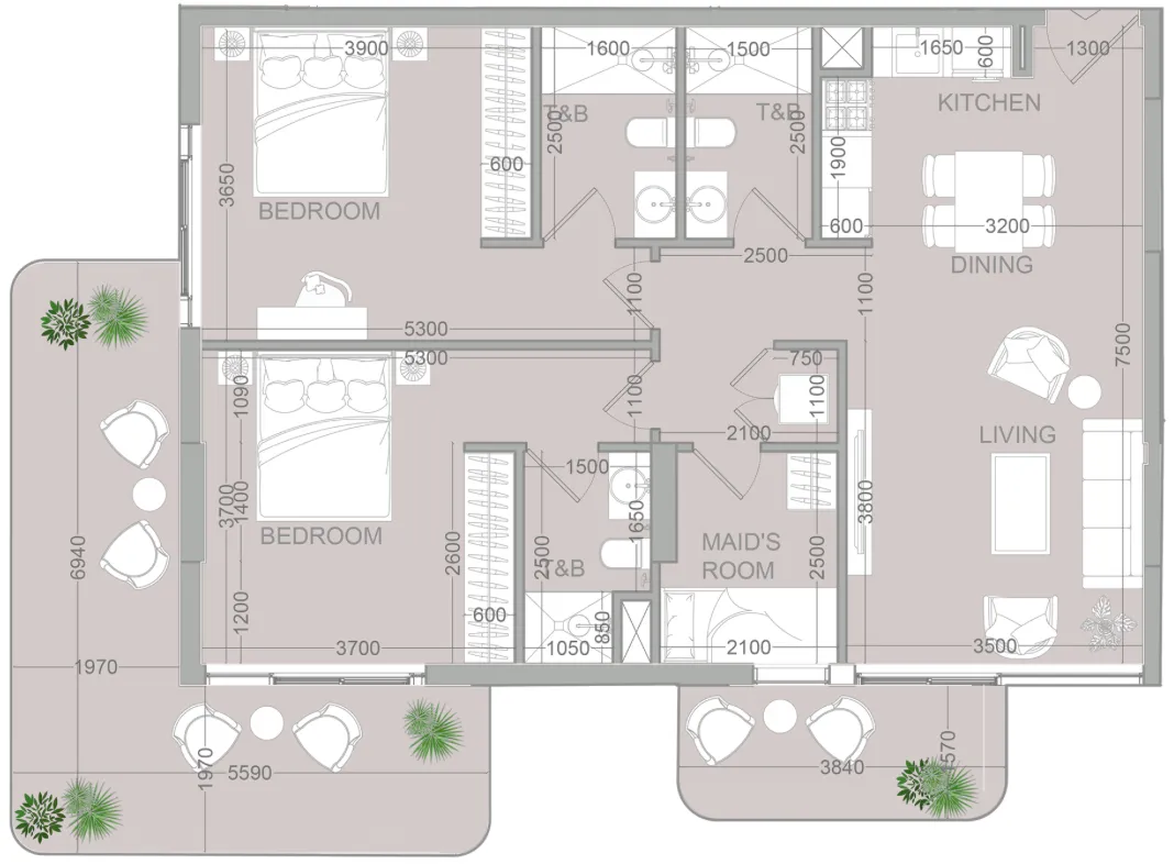 TETR1S Tower 2.5 BR Apartments floor plan, 1,243 sqft, drawing published by Object One