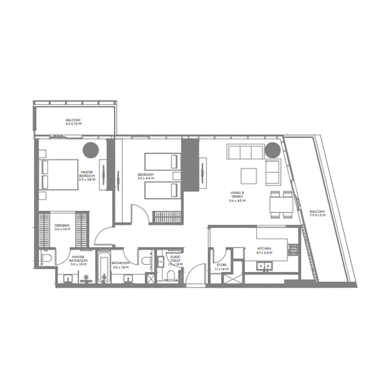 The Gate 6 2 BR Apartments floor plan, 1,069 sqft to 1,397 sqft, drawing published by ARADA