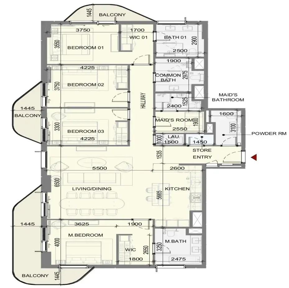 Takaya 4 BR Apartments floor plan, 2,326 sqft to 2,339 sqft, drawing published by Union Properties