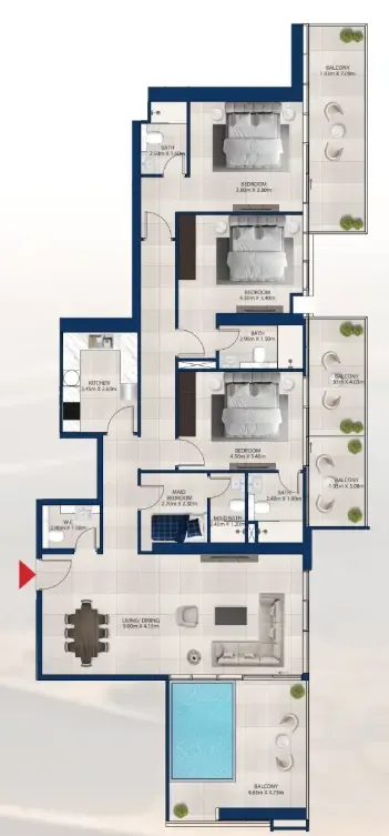 Al Vista 3 BR Apartments floor plan, 1,902 sqft to 2,186 sqft, drawing published by Dubai Investments