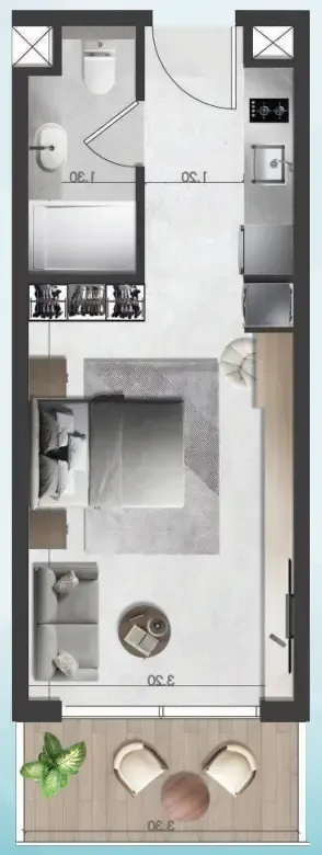 Saray South Studio Apartments floor plan, 366 sqft to 417 sqft, drawing published by Unique Saray Development