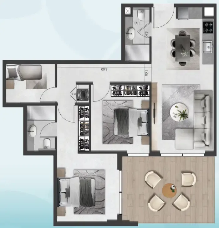 Saray South 2.5 BR Apartments floor plan, 1,056 sqft to 1,107 sqft, drawing published by Unique Saray Development