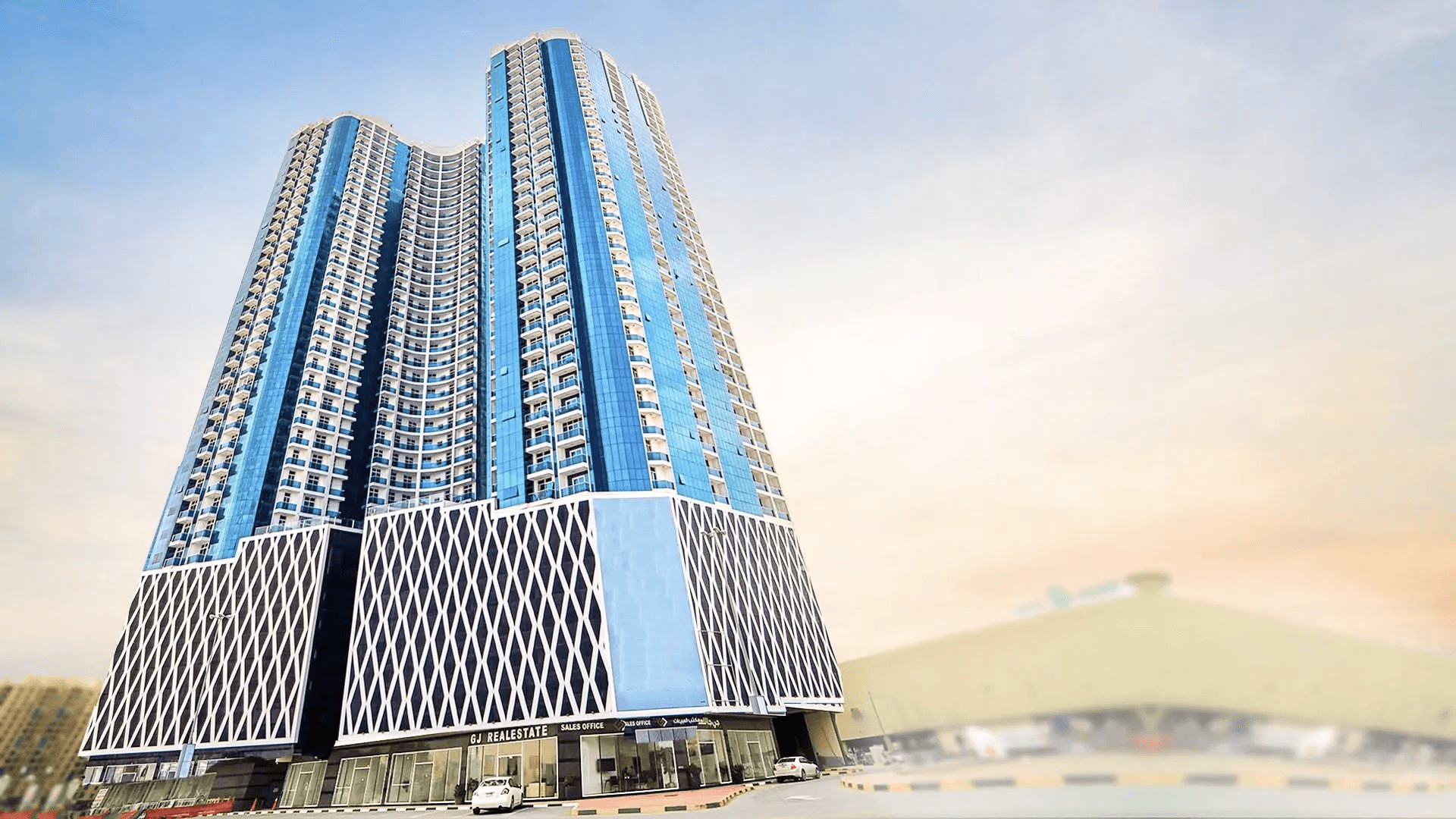 Oasis Towers 1 and 2 by GJ Properties, Al Rashidiya 1. Render supplied by developer.