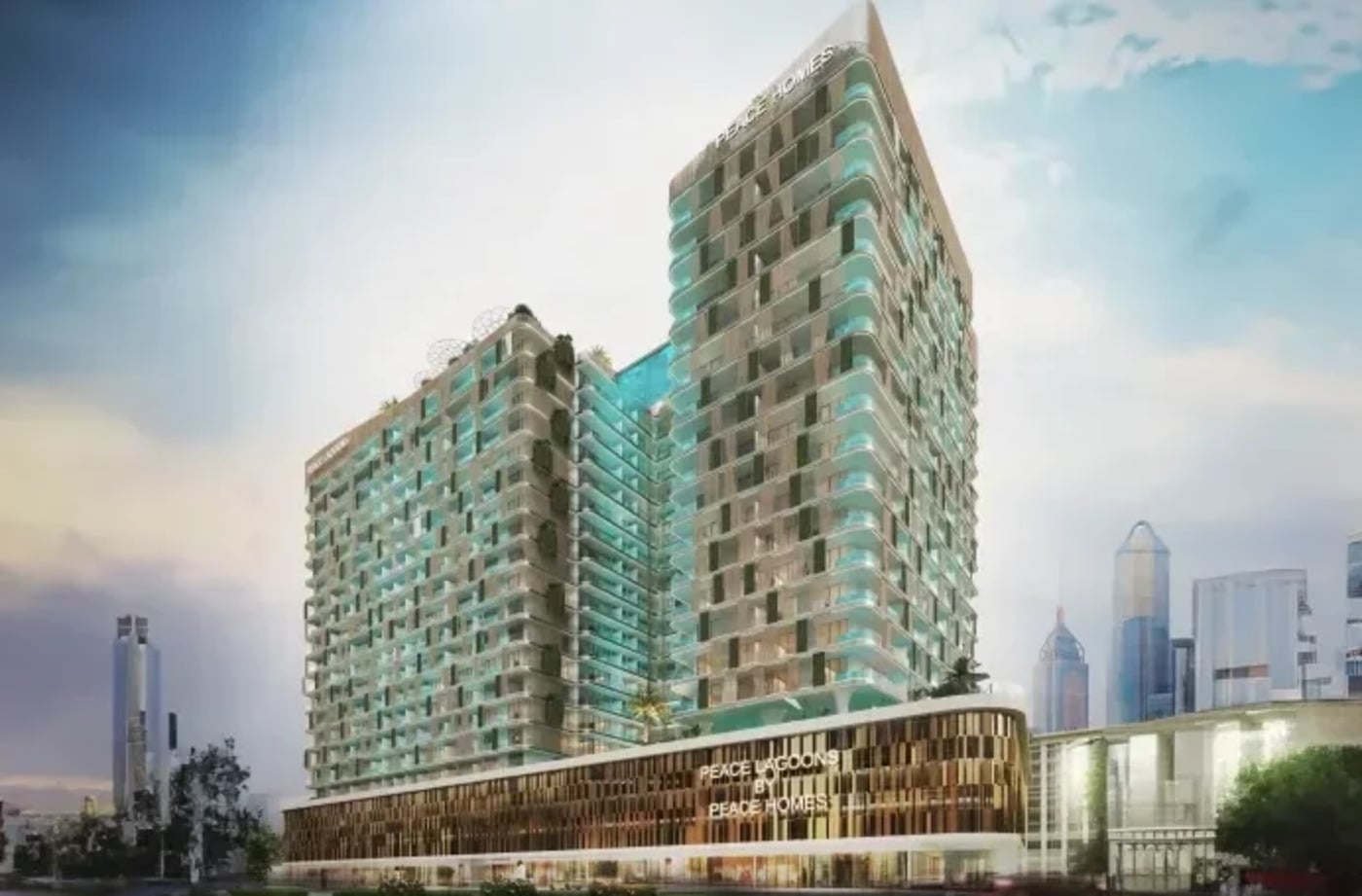 Peace Lagoons by Peace Homes Group, Dubailand Residence Complex. Render supplied by developer.