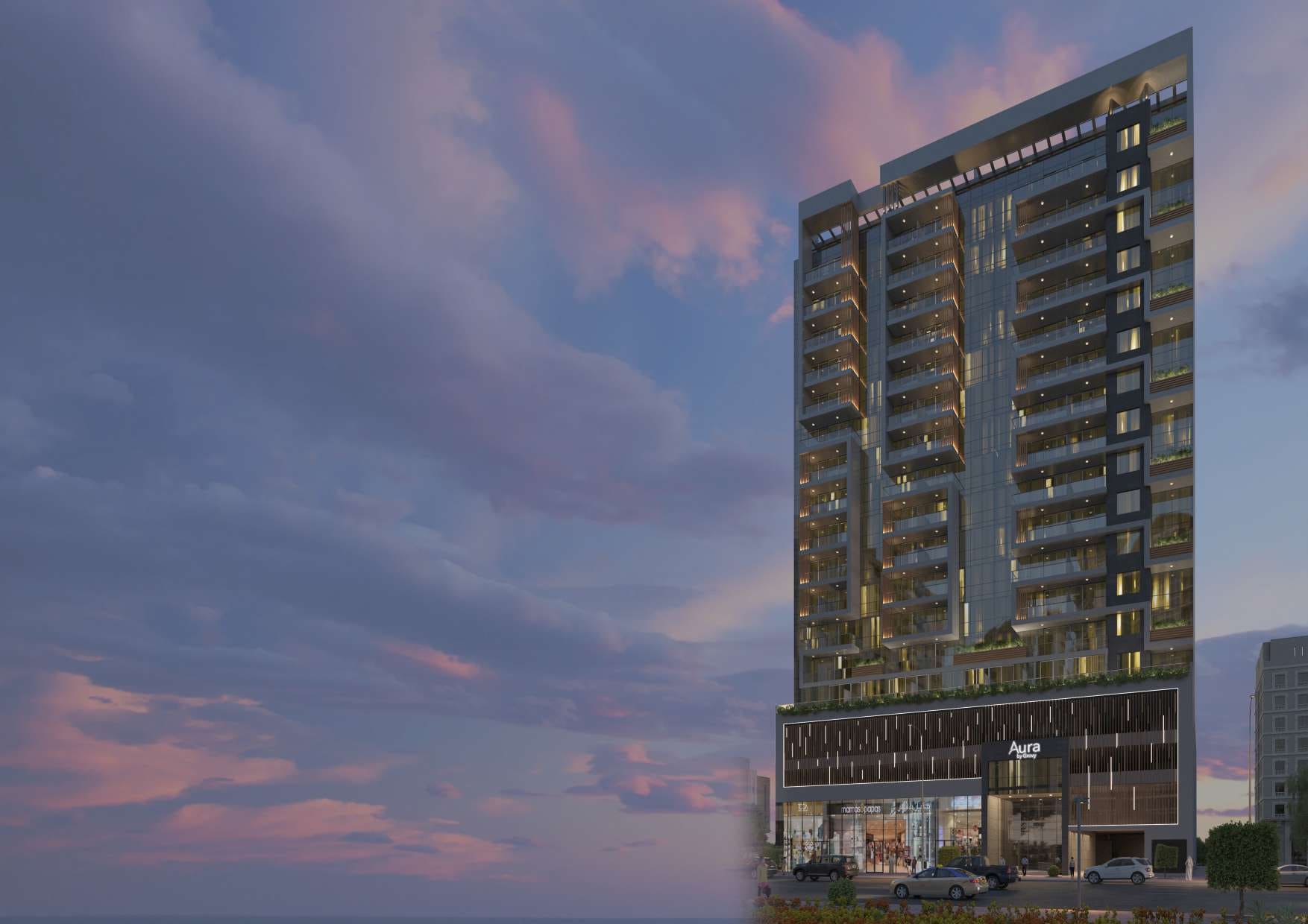Aura Residences by Grovy Developers, JVC (Jumeirah Village Circle). Render supplied by developer.