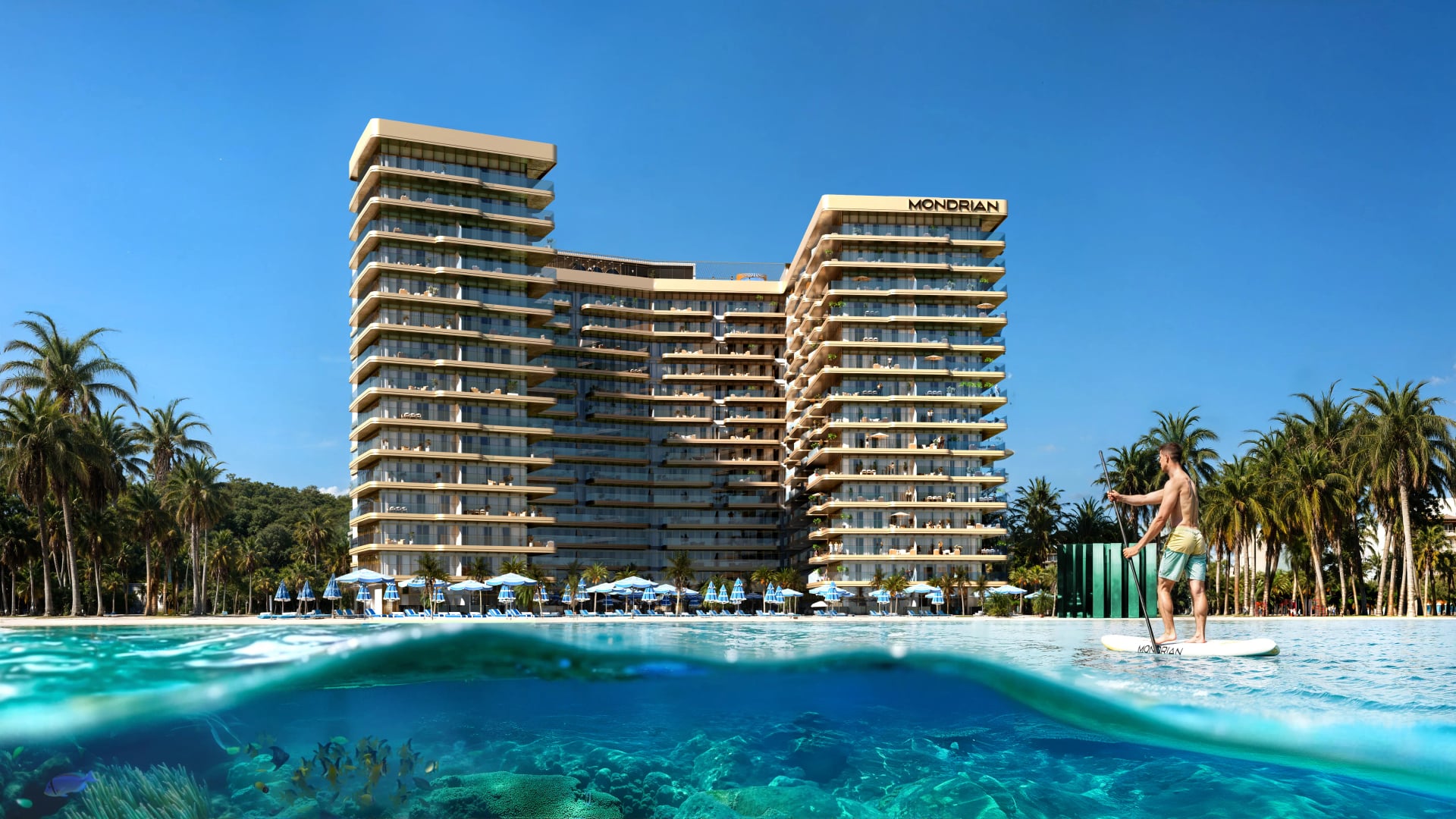 Mondrian Phases 1 and 2 by ELEVATE in Al Marjan Island, render supplied by developer