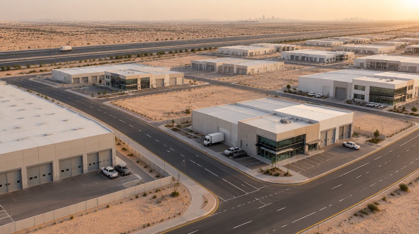 AI illustration of a light-industrial district with warehouses and showrooms beside a highway
