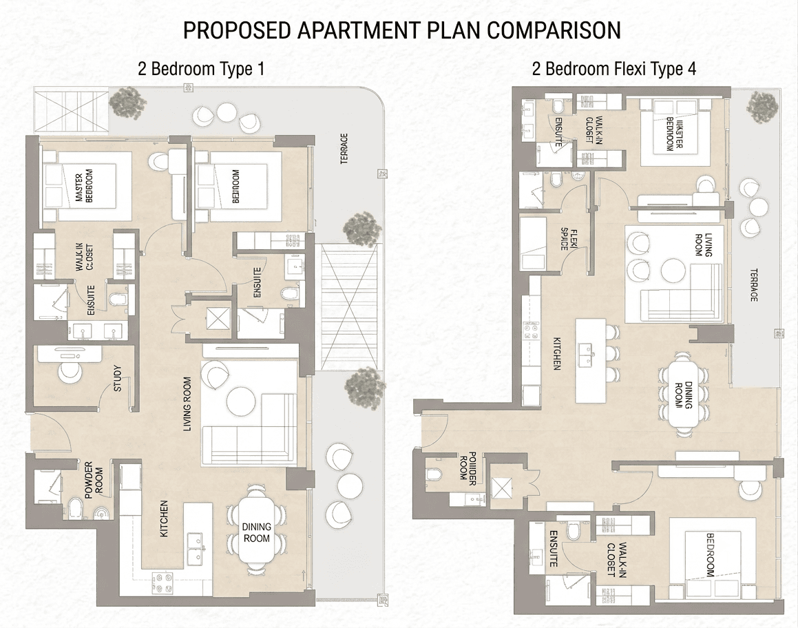 Soma Residences 2 BR Apartments floor plan, 1,356 sqft to 1,733 sqft, drawing published by Origami Developer