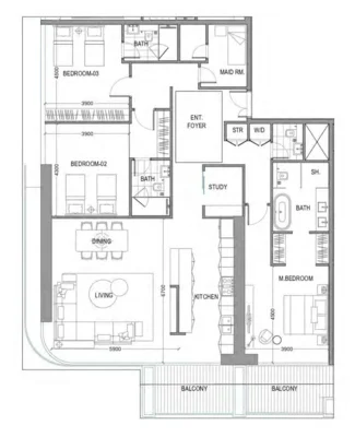 Avior 3 BR Apartments floor plan, 2,282 sqft, drawing published by Acube Development