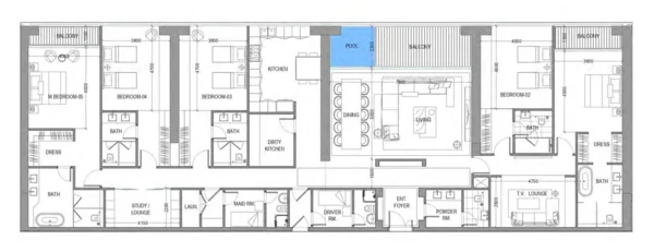 Avior 5 BR Apartments floor plan, 4,015 sqft, drawing published by Acube Development