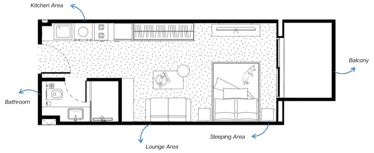 MetroPoint Studio Apartments floor plan, 334 sqft, drawing published by Forum Real Estate Development
