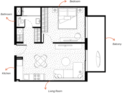 MetroPoint 1 BR Apartments floor plan, 538 sqft, drawing published by Forum Real Estate Development