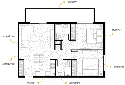 MetroPoint 2 BR Apartments floor plan, 915 sqft, drawing published by Forum Real Estate Development