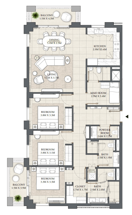Moor 3 BR Apartments floor plan, 1,572 sqft, drawing published by Emaar