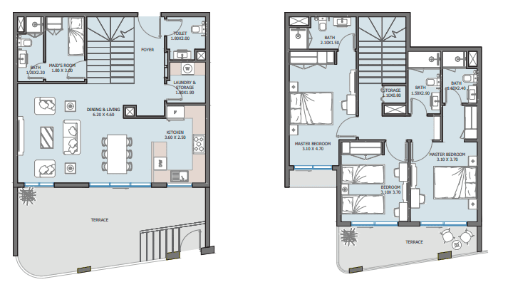 Baia 3 BR Townhouse floor plan, 2,074 sqft to 2,603 sqft, drawing published by Reportage