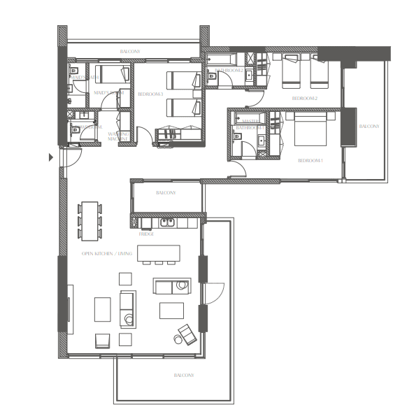 Creekside Residence 3 BR Apartments floor plan, 2,674 sqft to 2,888 sqft, drawing published by Al Zorah Development Company