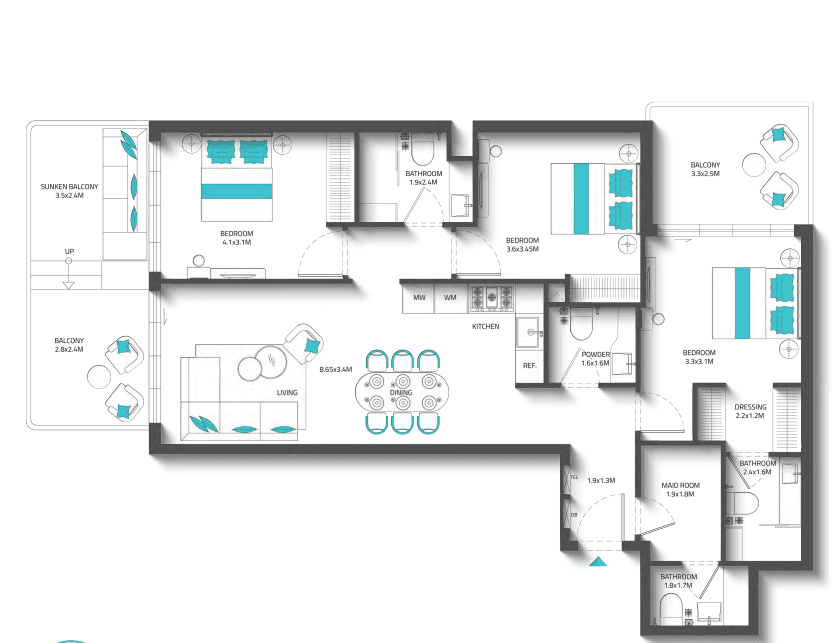 REEF 996 3 BR Apartments floor plan, 1,376 sqft to 1,901 sqft, drawing published by REEF Luxury Developments