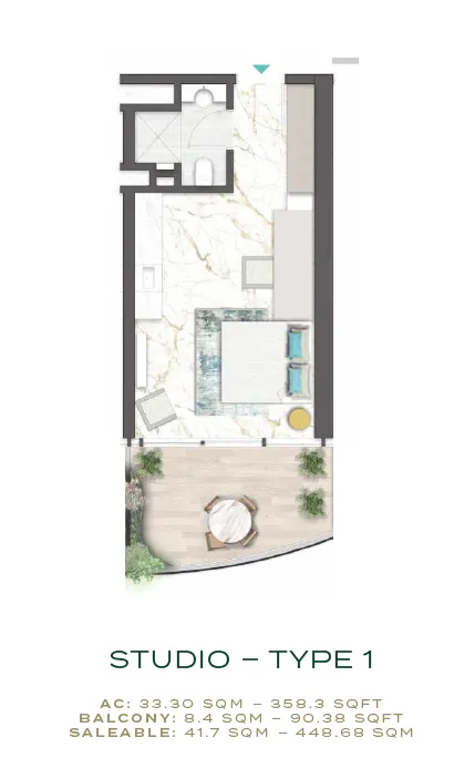 Chic Tower Studio Apartments floor plan, 495 sqft, drawing published by Damac